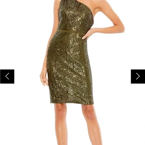 MAC DUGGAL SZ 4 OLIVE SEQUENCED ONE SHOULDER MIDI DRESS. NWT - Picture 4 of 4